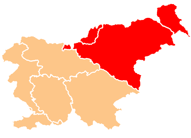 Zemljevid Slovenije z označenimi regijami Štajerska, Koroška in Prekmurje