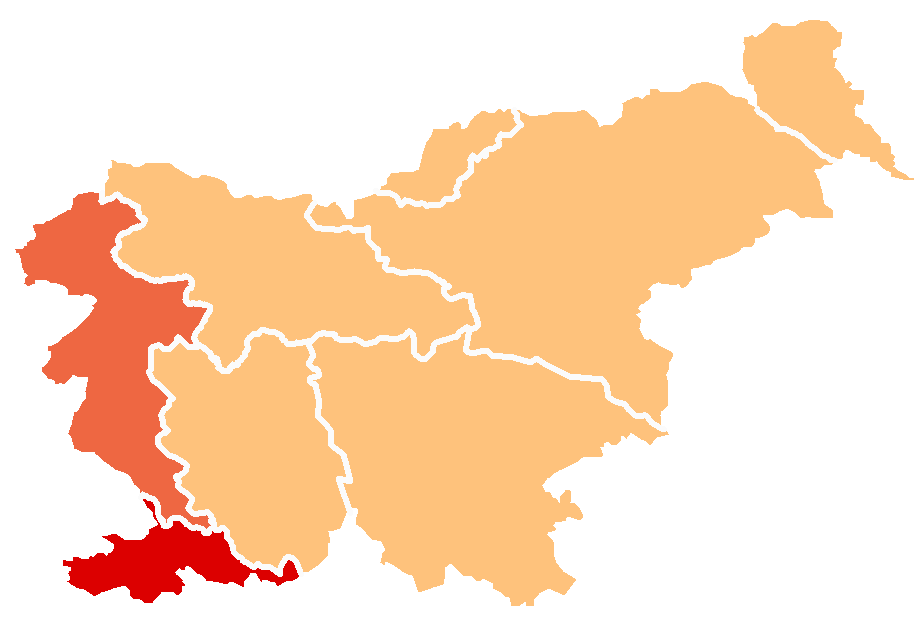 Zemljevid Slovenije z označenimi regijami Štajerska, Koroška in Prekmurje